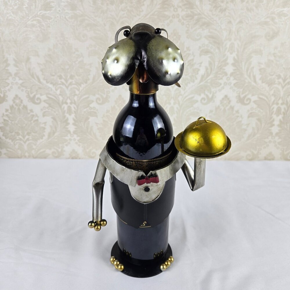 Metal Dog Wine Bottle Holder Steward Butler Free Standing Novelty Gift Whimsical